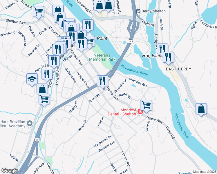 map of restaurants, bars, coffee shops, grocery stores, and more near 191 Howe Avenue in Shelton