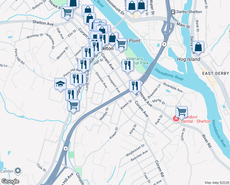 map of restaurants, bars, coffee shops, grocery stores, and more near 137 Division Avenue in Shelton