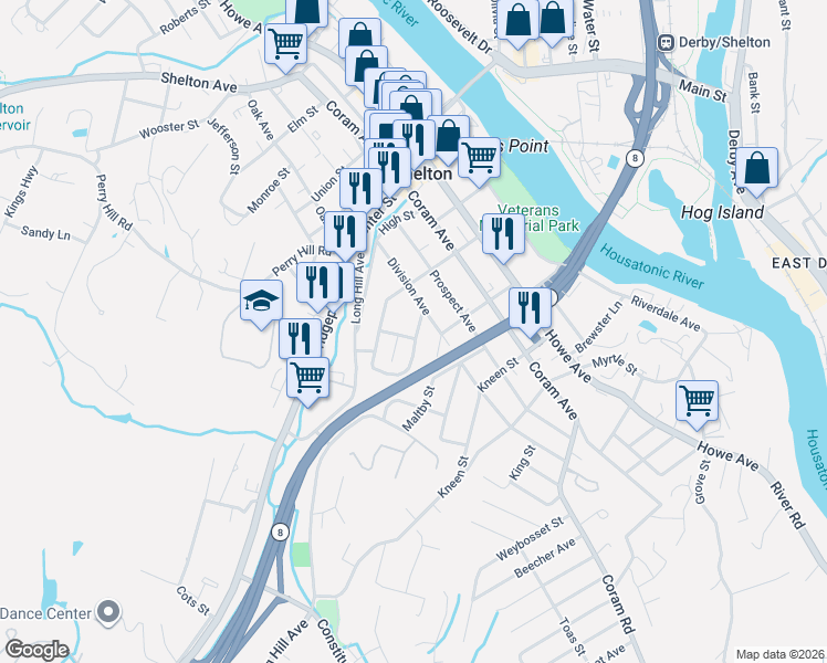 map of restaurants, bars, coffee shops, grocery stores, and more near 2 Cross Street in Shelton