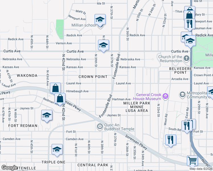 map of restaurants, bars, coffee shops, grocery stores, and more near 3734 Himebaugh Avenue in Omaha