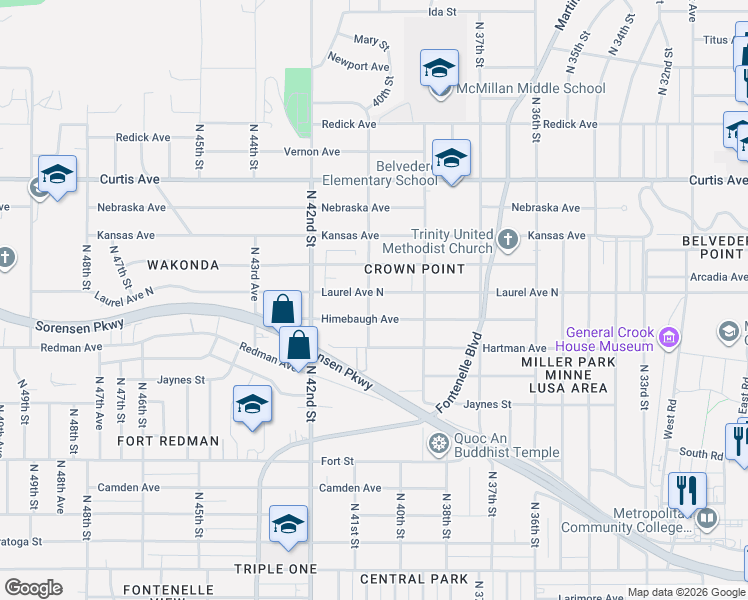 map of restaurants, bars, coffee shops, grocery stores, and more near 3948 Himebaugh Avenue in Omaha