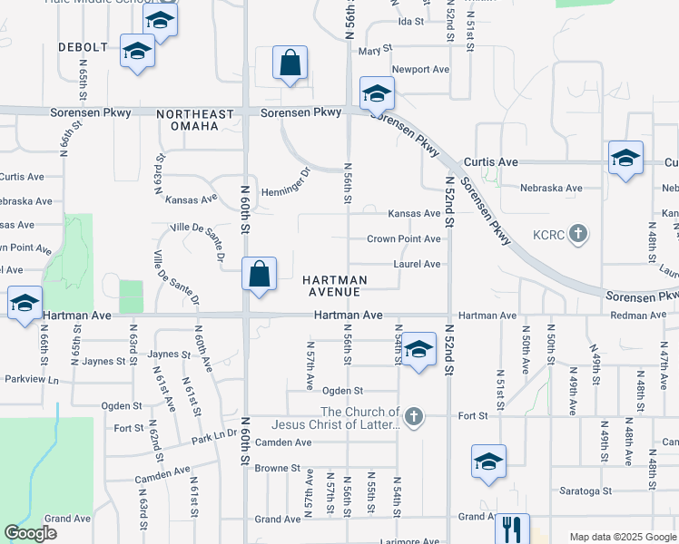 map of restaurants, bars, coffee shops, grocery stores, and more near 5618 Himebaugh Avenue in Omaha