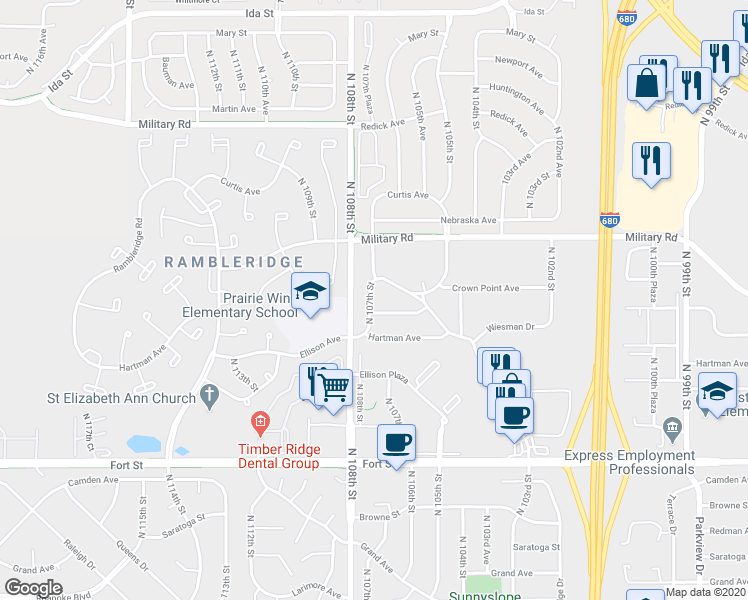 map of restaurants, bars, coffee shops, grocery stores, and more near 5624 North 107th Street in Omaha