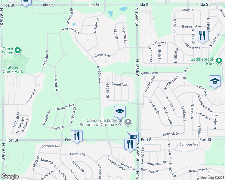 map of restaurants, bars, coffee shops, grocery stores, and more near 5719 North 159th Street in Omaha