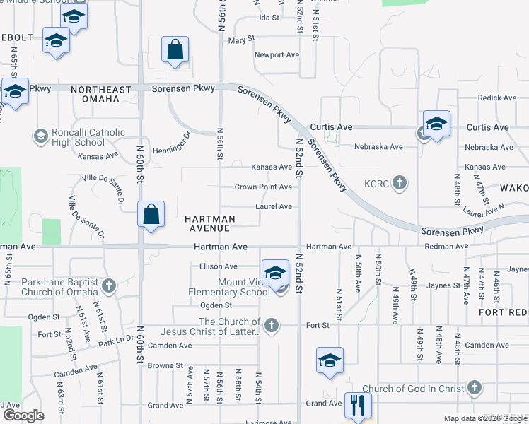 map of restaurants, bars, coffee shops, grocery stores, and more near 5319 Laurel Avenue in Omaha