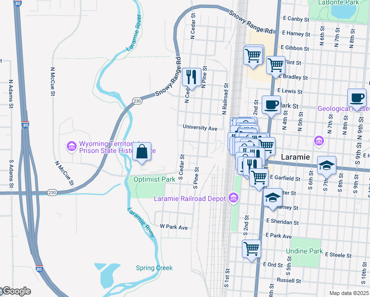 map of restaurants, bars, coffee shops, grocery stores, and more near 209 South Cedar Street in Laramie