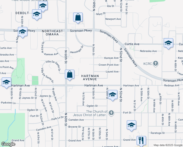 map of restaurants, bars, coffee shops, grocery stores, and more near 5618 Himebaugh Avenue in Omaha