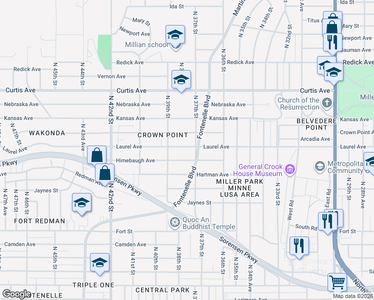 map of restaurants, bars, coffee shops, grocery stores, and more near 3734 Himebaugh Avenue in Omaha