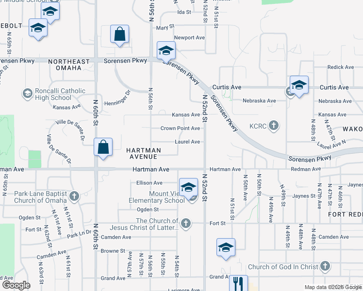 map of restaurants, bars, coffee shops, grocery stores, and more near 5319 Laurel Avenue in Omaha