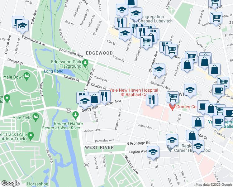 map of restaurants, bars, coffee shops, grocery stores, and more near 1558 Chapel Street in New Haven