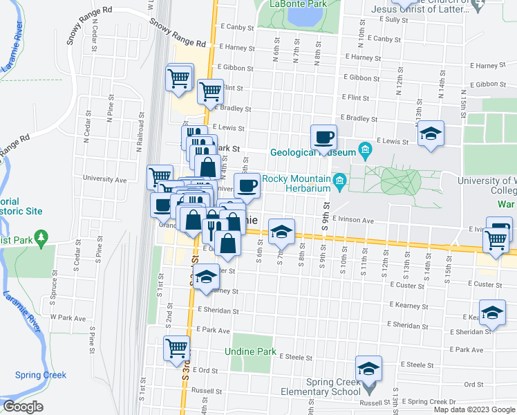 map of restaurants, bars, coffee shops, grocery stores, and more near 515 East Ivinson Avenue in Laramie