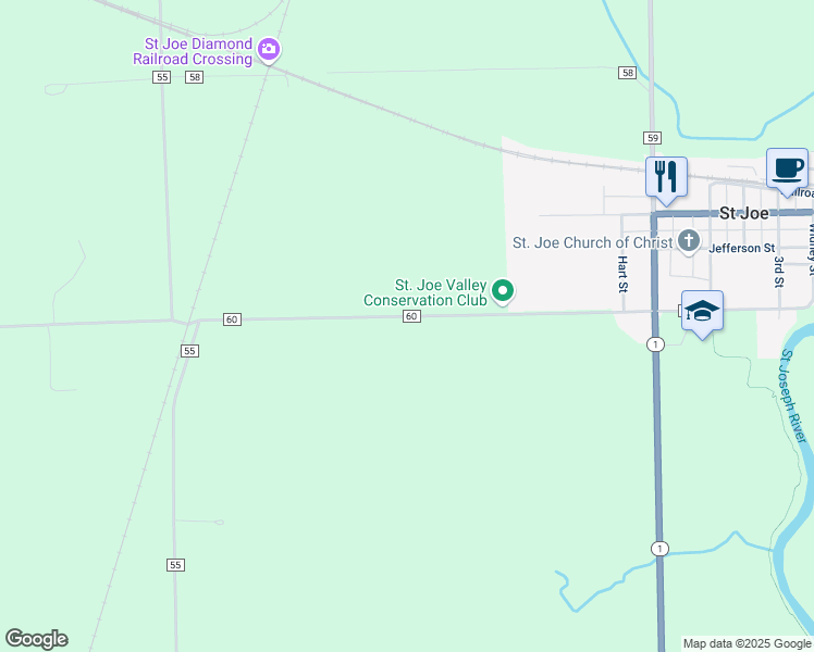 map of restaurants, bars, coffee shops, grocery stores, and more near 5800 County Road 60 in Spencerville