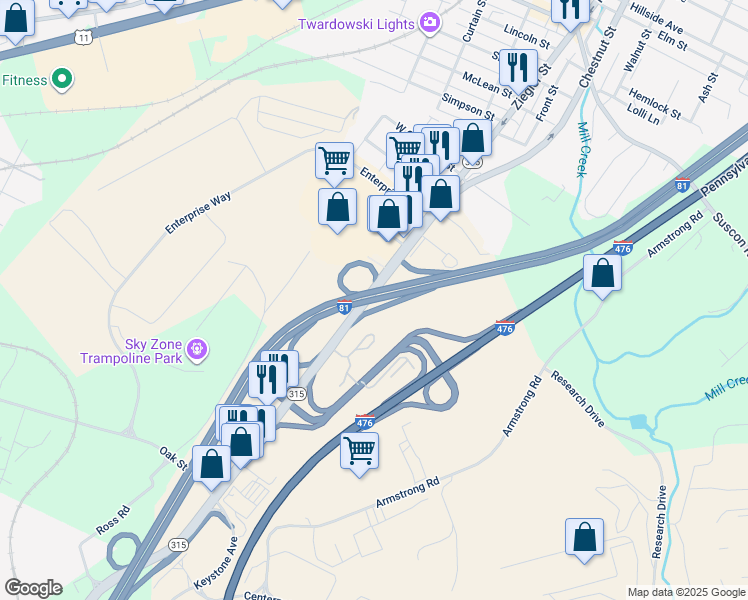 map of restaurants, bars, coffee shops, grocery stores, and more near Interstate 81 in Pittston
