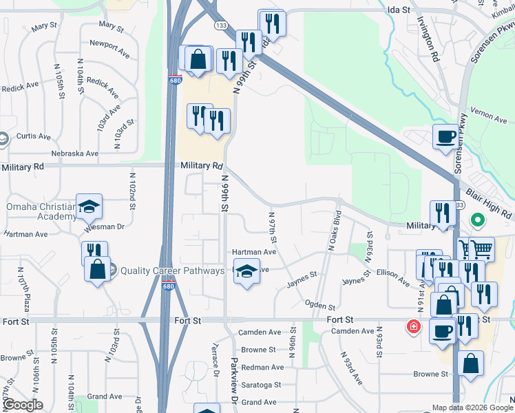 map of restaurants, bars, coffee shops, grocery stores, and more near 5818 North 97th Street in Omaha