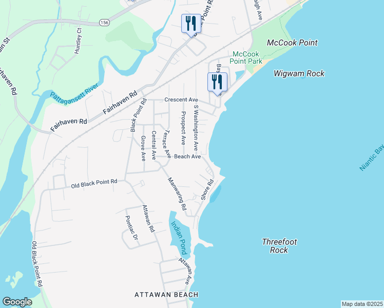 map of restaurants, bars, coffee shops, grocery stores, and more near 39 Beach Avenue in East Lyme