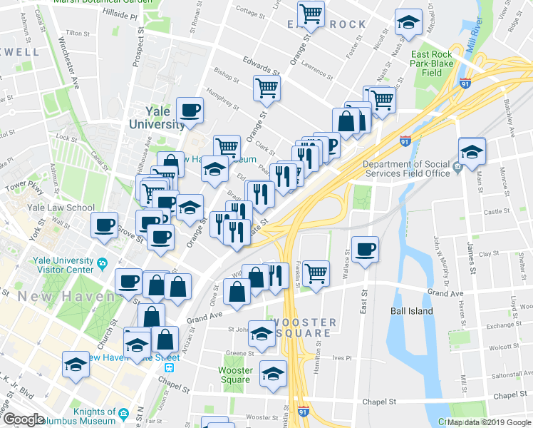 map of restaurants, bars, coffee shops, grocery stores, and more near 714 State Street in New Haven