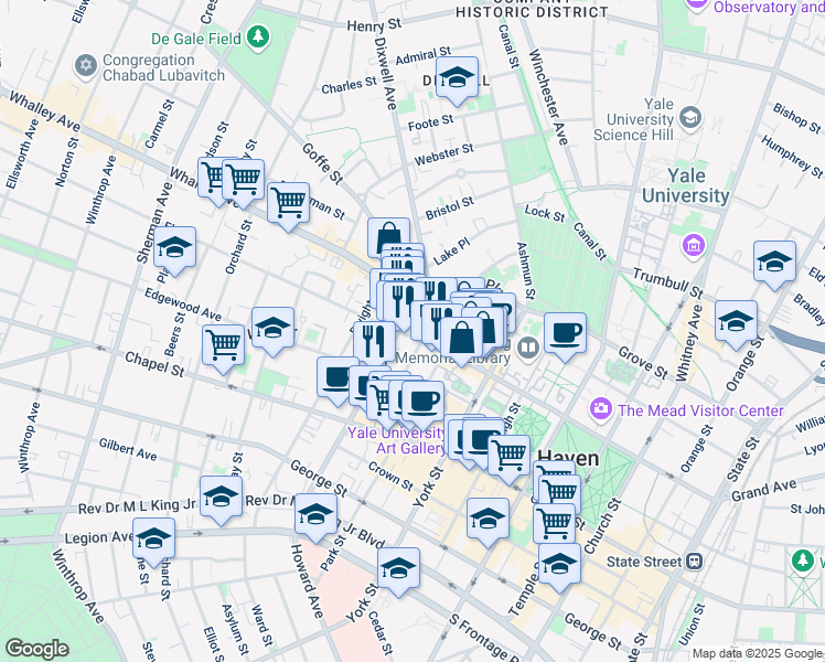 map of restaurants, bars, coffee shops, grocery stores, and more near 356 Elm Street in New Haven