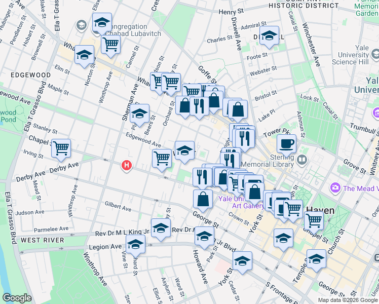 map of restaurants, bars, coffee shops, grocery stores, and more near 130 Edgewood Avenue in New Haven