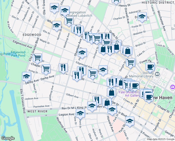 map of restaurants, bars, coffee shops, grocery stores, and more near 23 Beers Street in New Haven