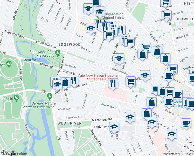 map of restaurants, bars, coffee shops, grocery stores, and more near 22 Derby Avenue in New Haven