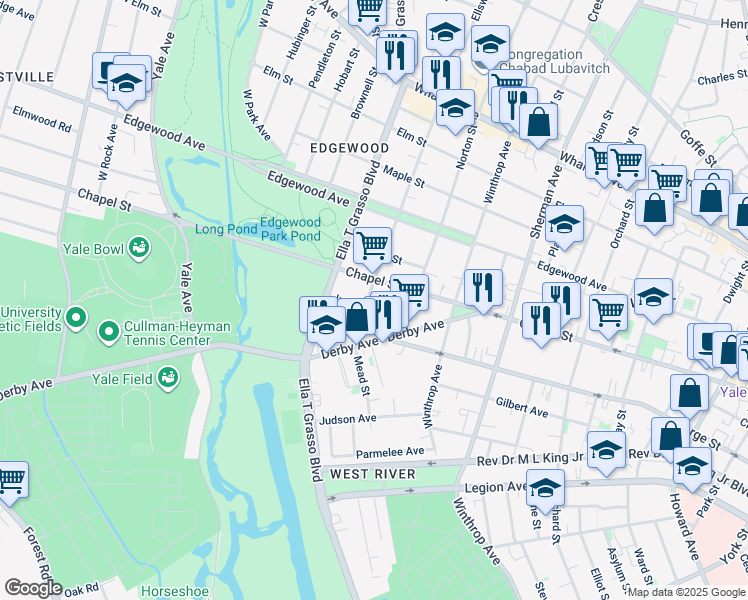 map of restaurants, bars, coffee shops, grocery stores, and more near 38 Ellsworth Avenue in New Haven