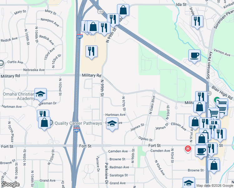 map of restaurants, bars, coffee shops, grocery stores, and more near 5818 North 97th Street in Omaha