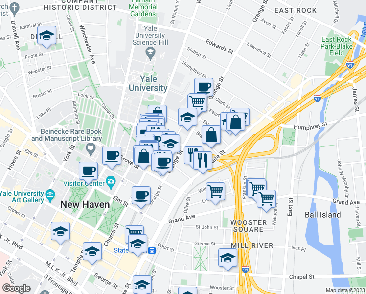 map of restaurants, bars, coffee shops, grocery stores, and more near Orange St & Trumbull St in New Haven