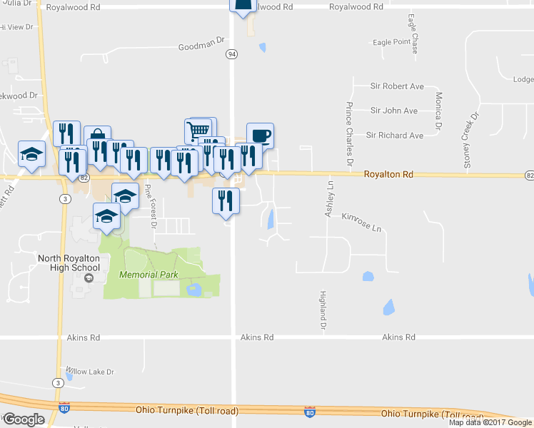 map of restaurants, bars, coffee shops, grocery stores, and more near 14095 Cygnet Court in North Royalton