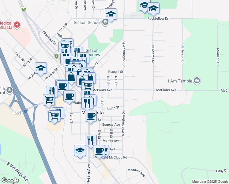 map of restaurants, bars, coffee shops, grocery stores, and more near 404 Ackley Ave in Mt Shasta