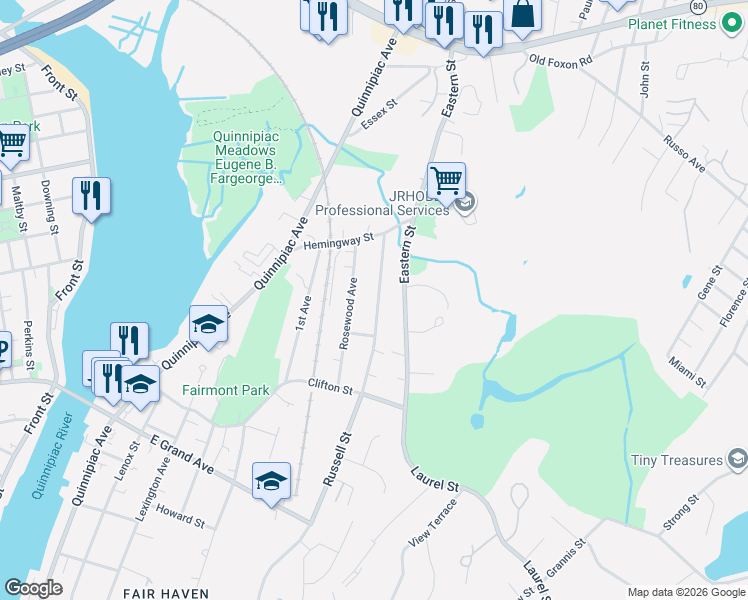 map of restaurants, bars, coffee shops, grocery stores, and more near 745 Russell Street in New Haven