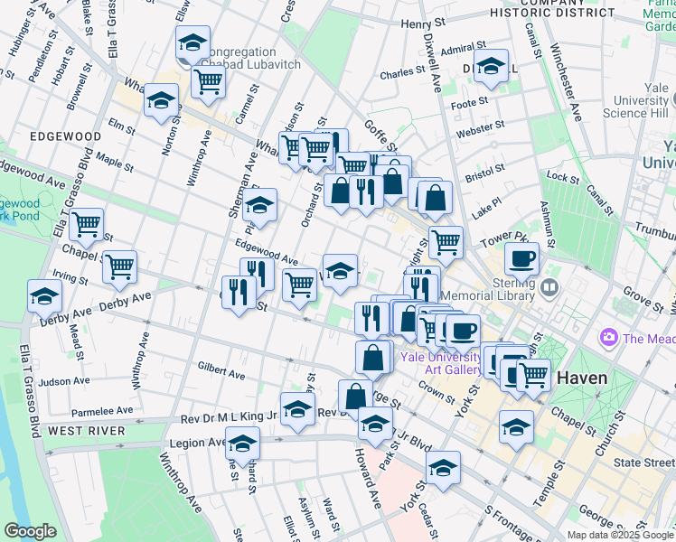map of restaurants, bars, coffee shops, grocery stores, and more near 165 Edgewood Avenue in New Haven