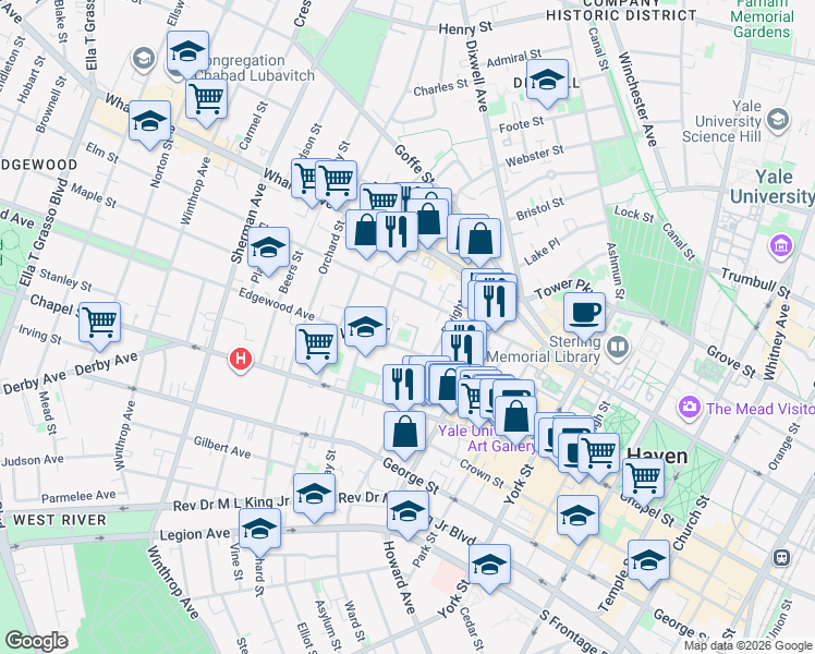 map of restaurants, bars, coffee shops, grocery stores, and more near 115 Edgewood Avenue in New Haven