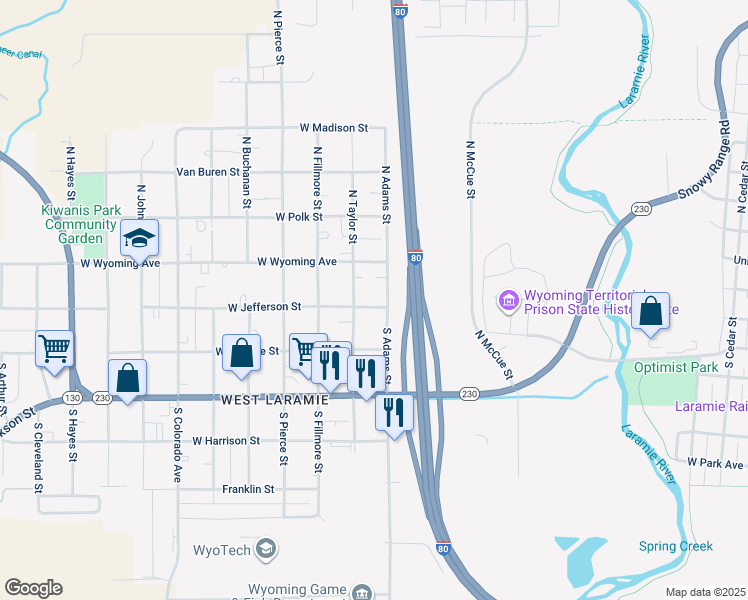 map of restaurants, bars, coffee shops, grocery stores, and more near 1500-1598 West Jefferson Street in Laramie