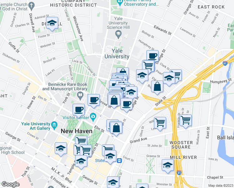 map of restaurants, bars, coffee shops, grocery stores, and more near 52 Whitney Avenue in New Haven