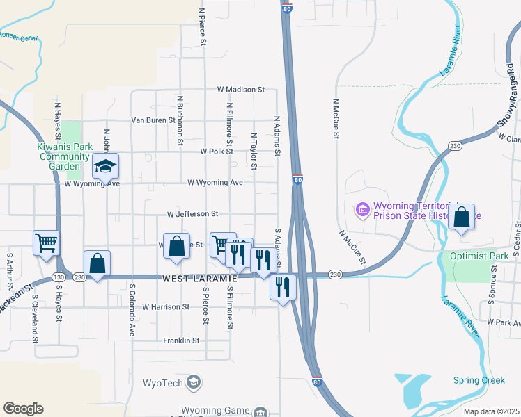 map of restaurants, bars, coffee shops, grocery stores, and more near 1500-1598 West Jefferson Street in Laramie