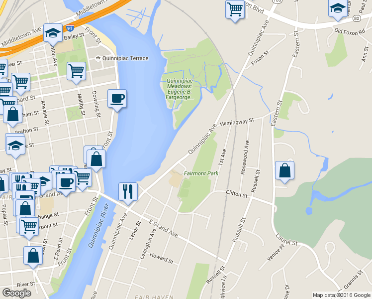 map of restaurants, bars, coffee shops, grocery stores, and more near 838 Quinnipiac Avenue in New Haven