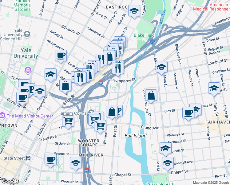 map of restaurants, bars, coffee shops, grocery stores, and more near 243 Wallace Street in New Haven