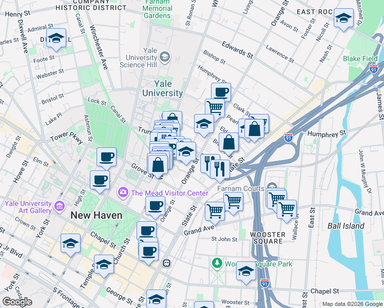 map of restaurants, bars, coffee shops, grocery stores, and more near 405 Orange Street in New Haven