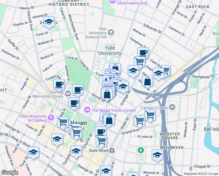 map of restaurants, bars, coffee shops, grocery stores, and more near 32 Whitney Avenue in New Haven