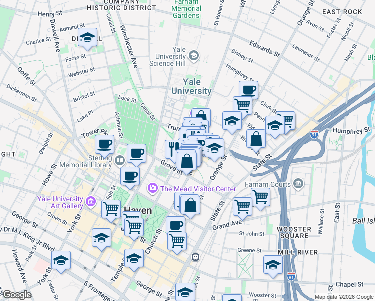 map of restaurants, bars, coffee shops, grocery stores, and more near 18 Temple Court in New Haven