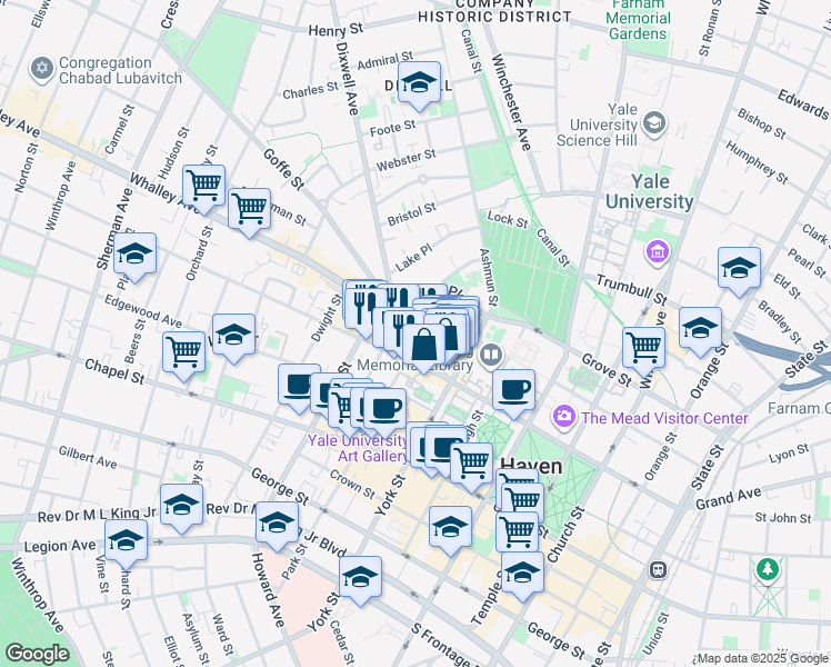 map of restaurants, bars, coffee shops, grocery stores, and more near 51 Broadway in New Haven