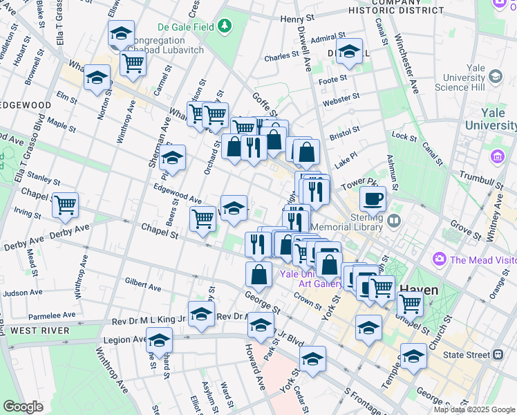 map of restaurants, bars, coffee shops, grocery stores, and more near 130 Edgewood Avenue in New Haven
