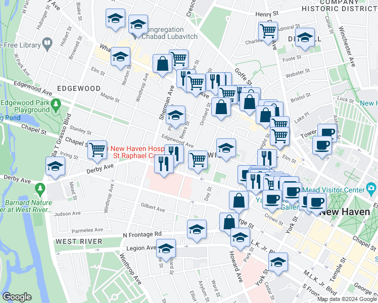 map of restaurants, bars, coffee shops, grocery stores, and more near 365 Orchard Street in New Haven