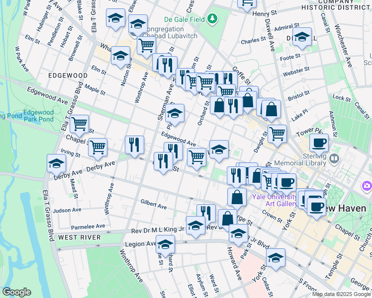 map of restaurants, bars, coffee shops, grocery stores, and more near 23 Beers Street in New Haven