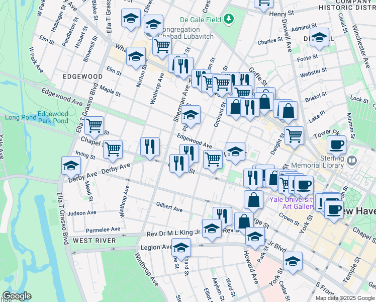 map of restaurants, bars, coffee shops, grocery stores, and more near 23 Beers Street in New Haven