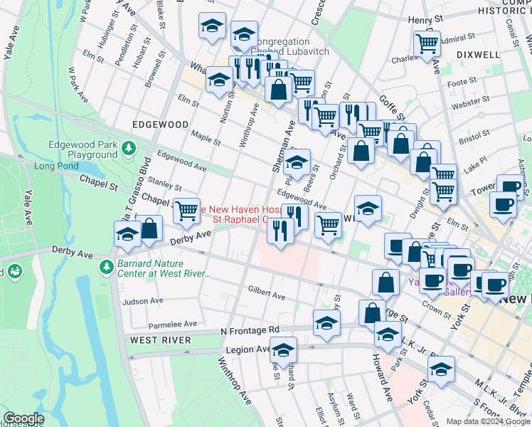 map of restaurants, bars, coffee shops, grocery stores, and more near 1447 Chapel Street in New Haven
