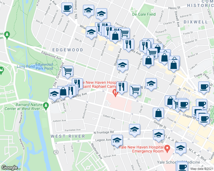 map of restaurants, bars, coffee shops, grocery stores, and more near 1475 -77 Chapel Street in Hamden