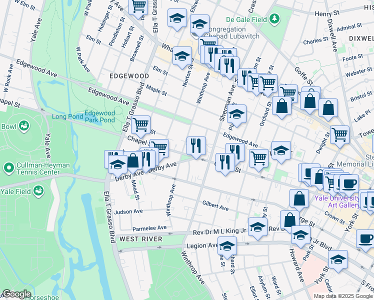 map of restaurants, bars, coffee shops, grocery stores, and more near 22 Derby Avenue in New Haven