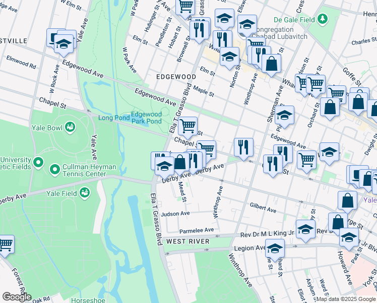 map of restaurants, bars, coffee shops, grocery stores, and more near 38 Ellsworth Avenue in New Haven