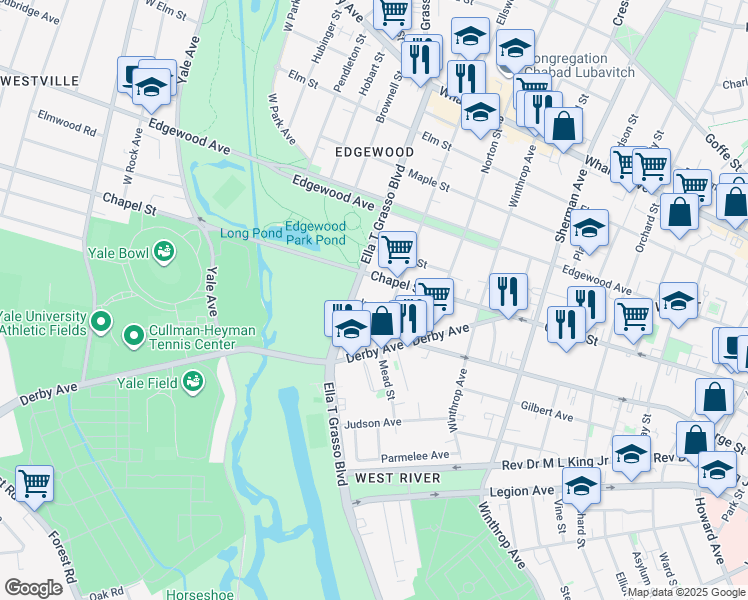 map of restaurants, bars, coffee shops, grocery stores, and more near 38 Ellsworth Avenue in New Haven